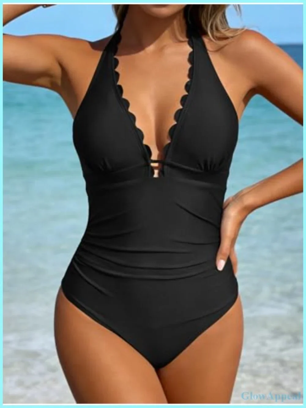 Scalloped V Neck Halter One Piece Swimsuit Tummy Control Push Up